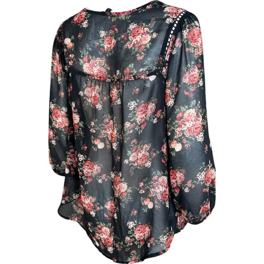 Mine Womens Large Black Floral Sheer 3/4‎ Length Sleeve Blouse - Picture 4 of 15